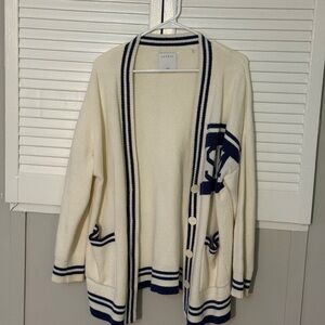 Sandro Women's Cream and Navy Cardigan Sweater Washed